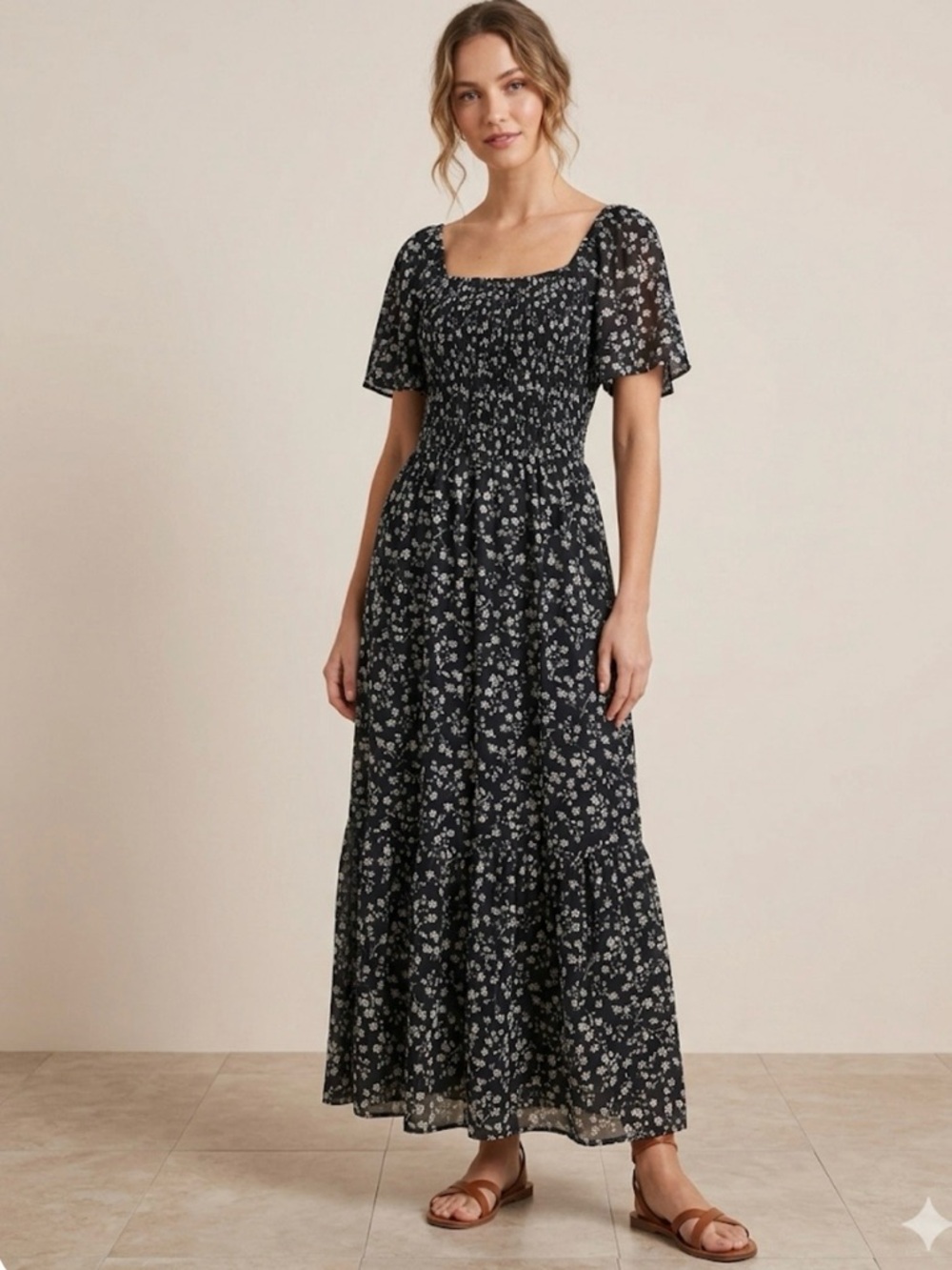 Siren Lily Navy Floral Smocked Maxi Dress size M